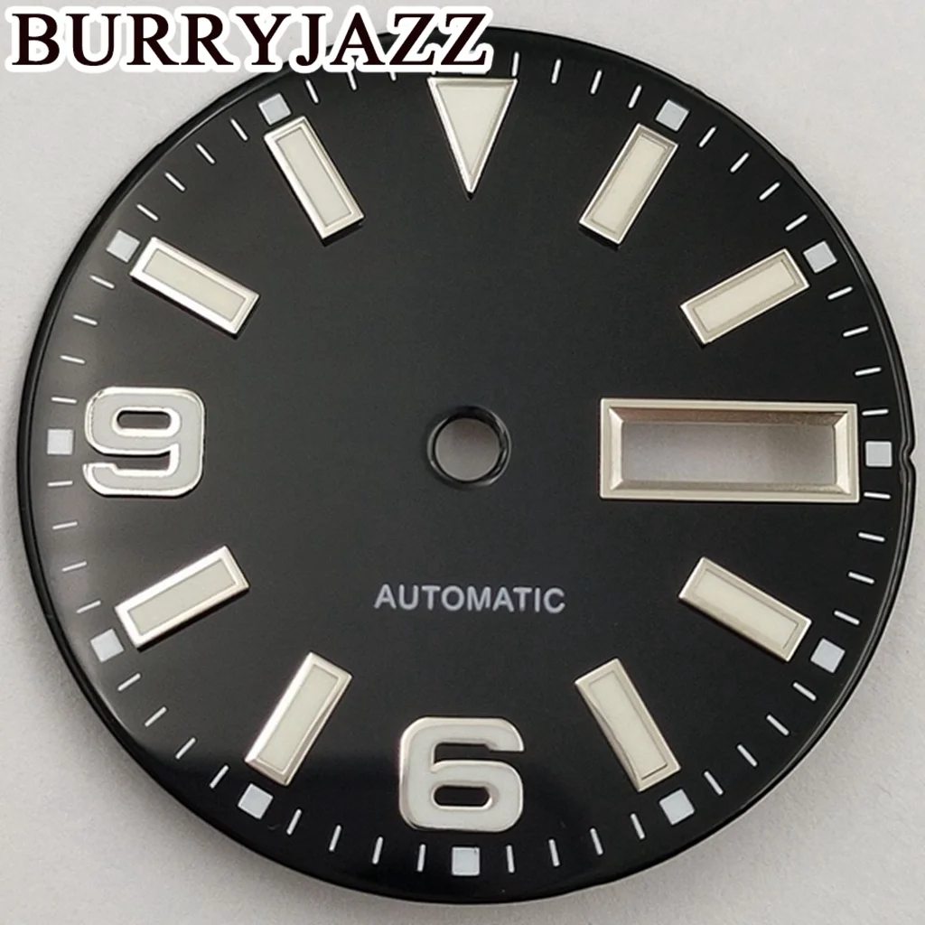 BURRYJAZZ 29 мм без логотипа NH36 Циферблаты для часов Черный циферблат Зеленый светящийся корпус на 3 часа Корона
BURRYJAZZ 29 мм без логотипа NH36 Циферблаты для часов Черный циферблат Зеленый светящийся корпус на 3 часа Корона