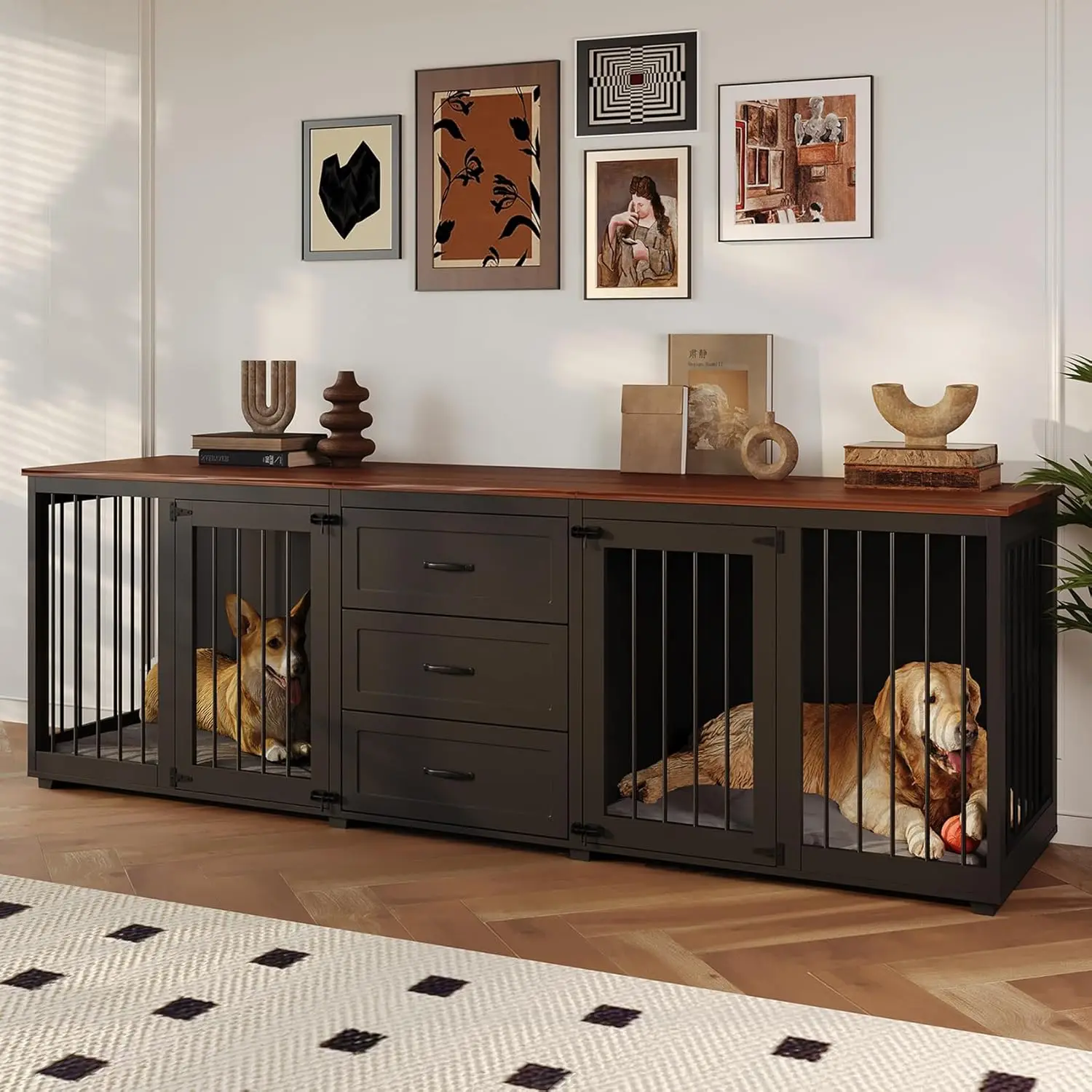 Dog Crate Furniture, Indoor Wooden Farmhouse Dog Kennel Furniture with 3 Drawers & 2 Lockable Doors, 95'x23.6'x32'H, Black
Dog Crate Furniture, Indoor Wooden Farmhouse Dog Kennel Furniture with 3 Drawers & 2 Lockable Doors, 95'x23.6'x32'H, Black