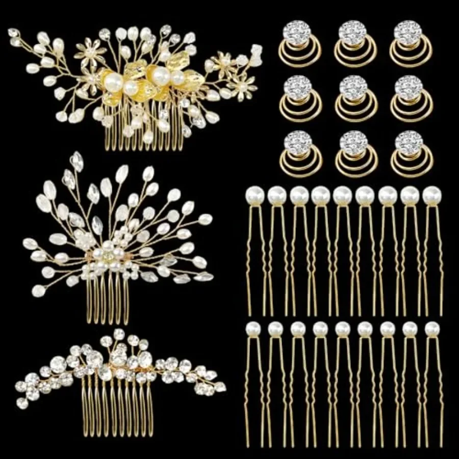 33Pcs Bridal Wedding Hair Accessories Include 2 Styles Gold Flower Leaf Pearl Side Combs, Crescent Shaped Rhinestone Comb, U-sh
33Pcs Bridal Wedding Hair Accessories Include 2 Styles Gold Flower Leaf Pearl Side Combs, Crescent Shaped Rhinestone Comb, U-sh