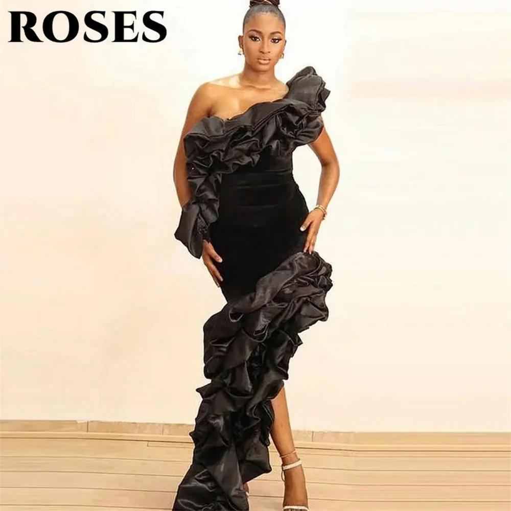 ROSES Black One Shoulder Stain Evening Gown Trumpet Elegant Prom Dress Split Wedding Evening Dress robes de soirée Customized
ROSES Black One Shoulder Stain Evening Gown Trumpet Elegant Prom Dress Split Wedding Evening Dress robes de soirée Customized