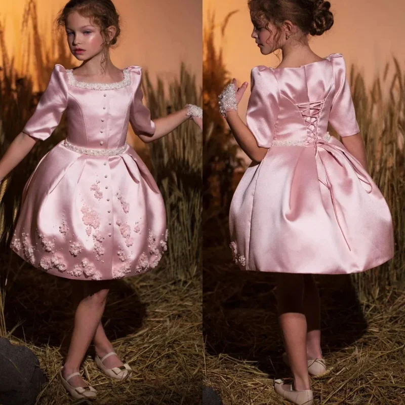 Pink fairy tale custom pearl satin flower girl dress in the wheat field, children's princess dress, banquet performance costume
Pink fairy tale custom pearl satin flower girl dress in the wheat field, children's princess dress, banquet performance costume