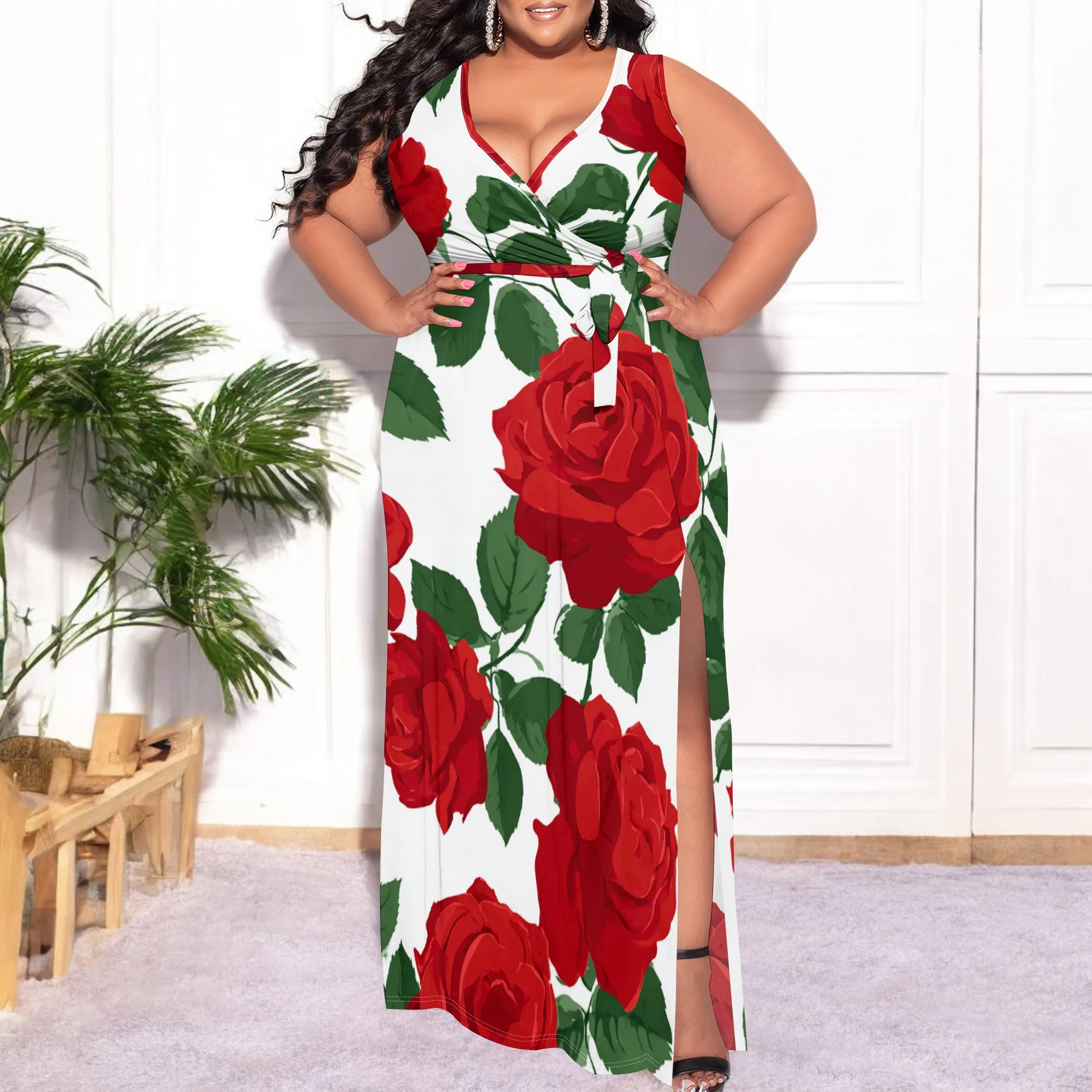 Plus Size Women's Red Rose Floral Maxi Dress, Sexy V-Neck Split Long Dress for Summer & Beach Vacation, XL-6XL
Plus Size Women's Red Rose Floral Maxi Dress, Sexy V-Neck Split Long Dress for Summer & Beach Vacation, XL-6XL