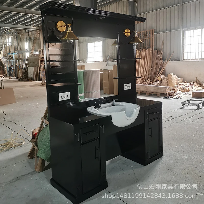 Trendy Salon Mirror Station With Integrated Cabinet And Lighting, Featuring A Ceramic Shampoo Basin
Trendy Salon Mirror Station With Integrated Cabinet And Lighting, Featuring A Ceramic Shampoo Basin