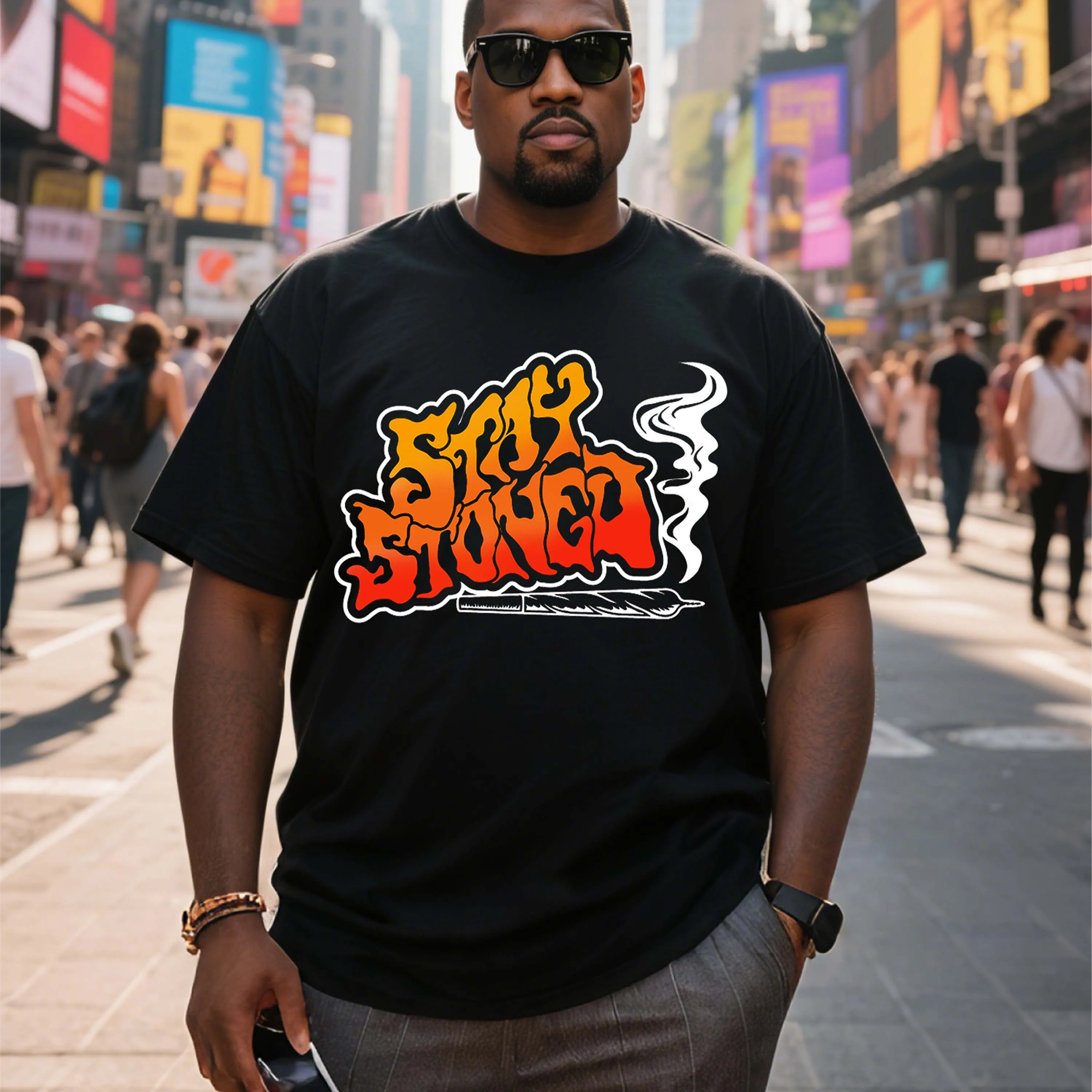Мужская черная футболка больших размеров с коротким рукавом и графическим дизайном «Stay Stoned», подходит для летней одежды для отдыха на открытом воздухе 
Мужская черная футболка больших размеров с коротким рукавом и графическим дизайном «Stay Stoned», подходит для летней одежды для отдыха на открытом воздухе