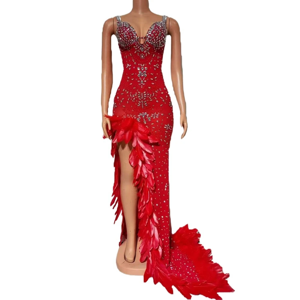 Sparly Red Rhinestones Feathers High Split Skirt Sexy Slip Birthday Celebrate Wedding Evening Dress for Women Photo Shoot Wear
Sparly Red Rhinestones Feathers High Split Skirt Sexy Slip Birthday Celebrate Wedding Evening Dress for Women Photo Shoot Wear