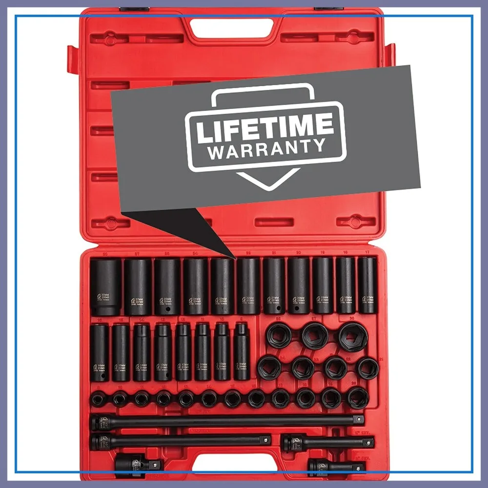 43pc 1/2" Drive Impact Socket Set, Metric 9-30mm, Standard/Deep, Cr-Mo Steel, Radius Corner, Case, Universal Joint & Extensions
43pc 1/2" Drive Impact Socket Set, Metric 9-30mm, Standard/Deep, Cr-Mo Steel, Radius Corner, Case, Universal Joint & Extensions