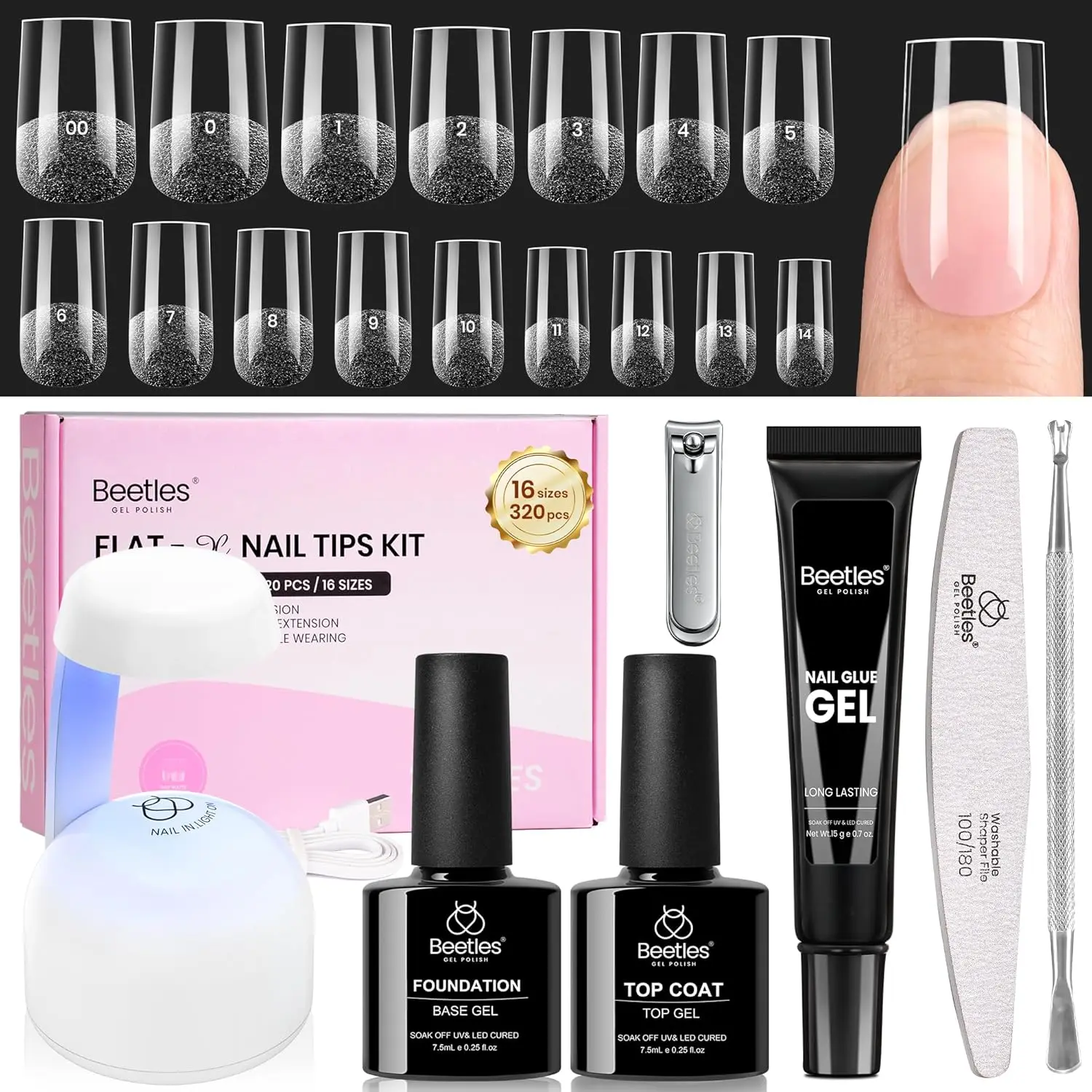 320pcs Gel Nail Extension Kit: Short Square Tips, Glue, Base & Top Coat, Mini Lamp
320pcs Gel Nail Extension Kit: Short Square Tips, Glue, Base & Top Coat, Mini Lamp