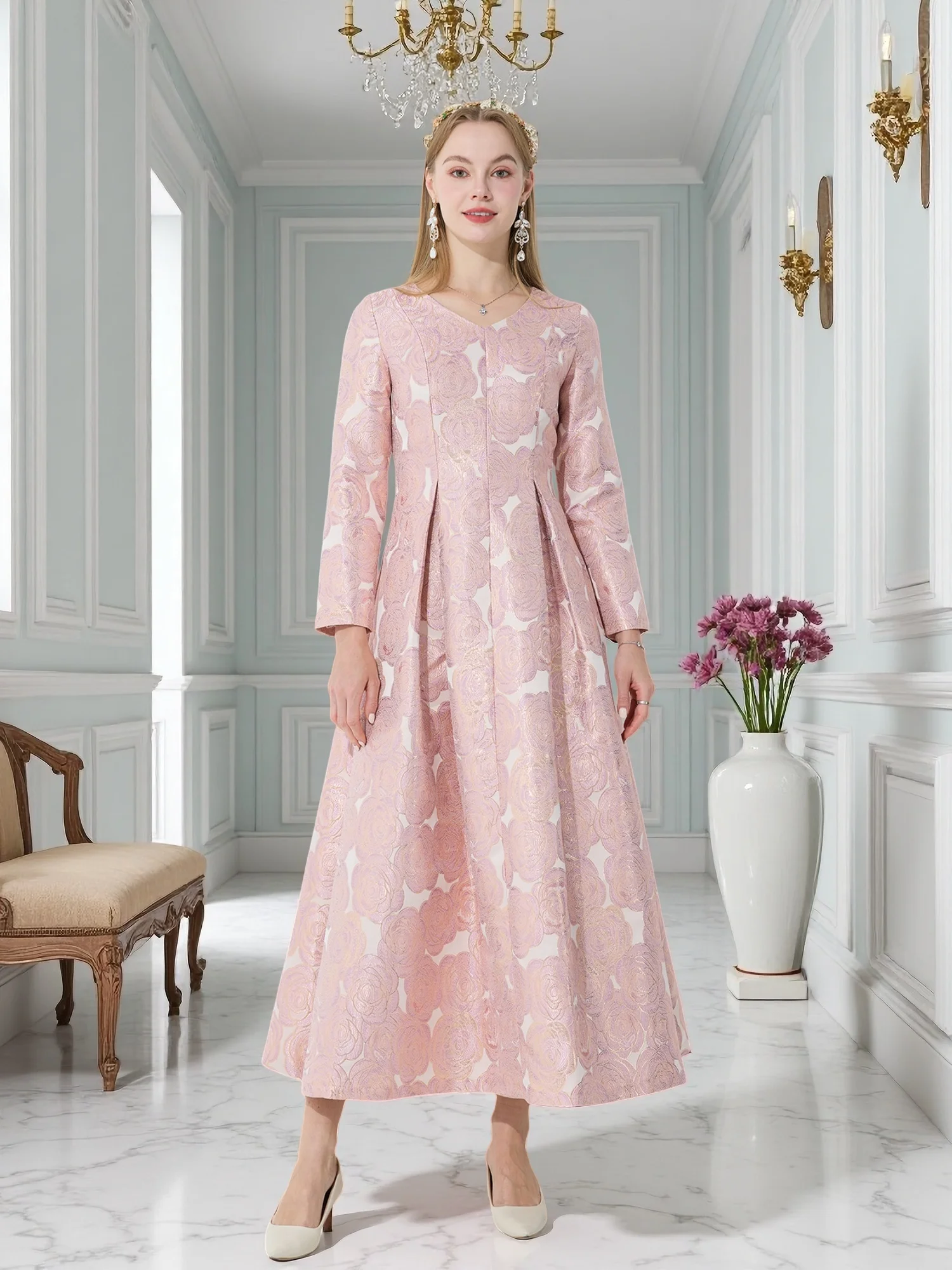 French Elegant V-Neck Long-Sleeve Dress Jacquard Rose Waist-Defined Flared Long Dress Light Luxury Stylish Commute Date Teadress
French Elegant V-Neck Long-Sleeve Dress Jacquard Rose Waist-Defined Flared Long Dress Light Luxury Stylish Commute Date Teadress