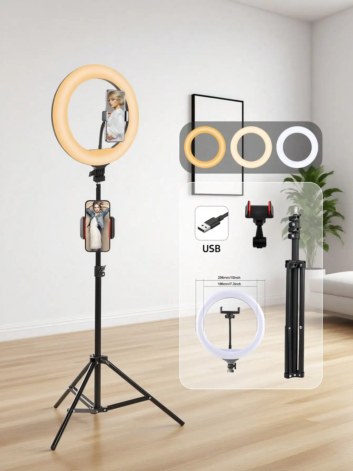 10 Inch USB Powered LED Ring Light with 43.3 Inch Telescopic Tripod 3 Adjustable Lighting Colors Tangle-Free Fill Light for Makeup Live Stream Food Product Photography Conference Halloween Video Shooting
10 Inch USB Powered LED Ring Light with 43.3 Inch Telescopic Tripod 3 Adjustable Lighting Colors Tangle-Free Fill Light for Makeup Live Stream Food Product Photography Conference Halloween Video Shooting