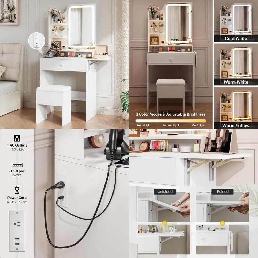 Compact Makeup Vanity Desk with Mirror, Lights, and Charging Station, Storage Included, Ideal for Small Spaces
Compact Makeup Vanity Desk with Mirror, Lights, and Charging Station, Storage Included, Ideal for Small Spaces