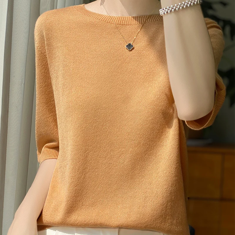 2025 Women Merino Wool Sweater Cashmere Pullover Fashion Basic O-Neck Knitwear Short Sleeve Elegant T-Shirt Clothing Tops
2025 Women Merino Wool Sweater Cashmere Pullover Fashion Basic O-Neck Knitwear Short Sleeve Elegant T-Shirt Clothing Tops
