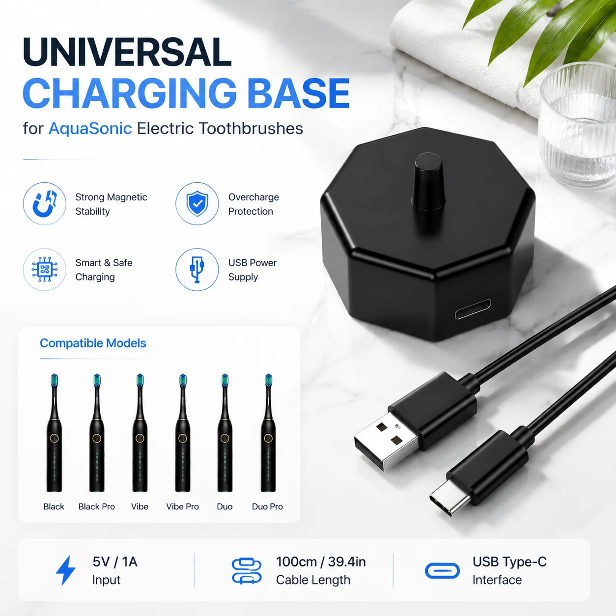 Fast Charging Base for AquaSonic Black ,Black Pro,Vibe ,Vibe Pro,Duo,Duo Pro Electric Toothbrush Dock Replacement Accessory