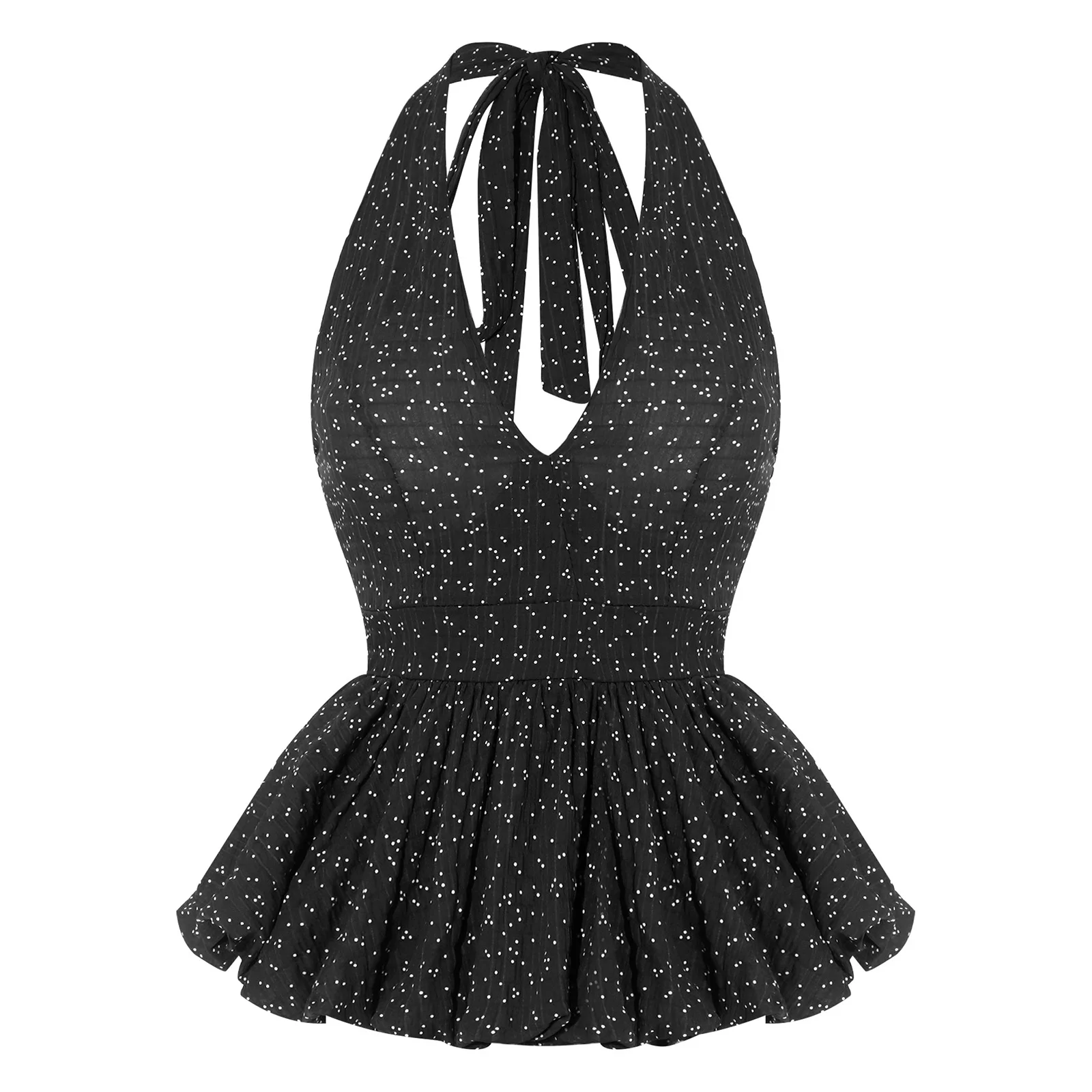 Womens Polka Dot Halter Tank Top with Built-in Chest Pads V Neck Sleeveless Backless Elastic Back Puff Ruffled Peplum Vest Top
Womens Polka Dot Halter Tank Top with Built-in Chest Pads V Neck Sleeveless Backless Elastic Back Puff Ruffled Peplum Vest Top