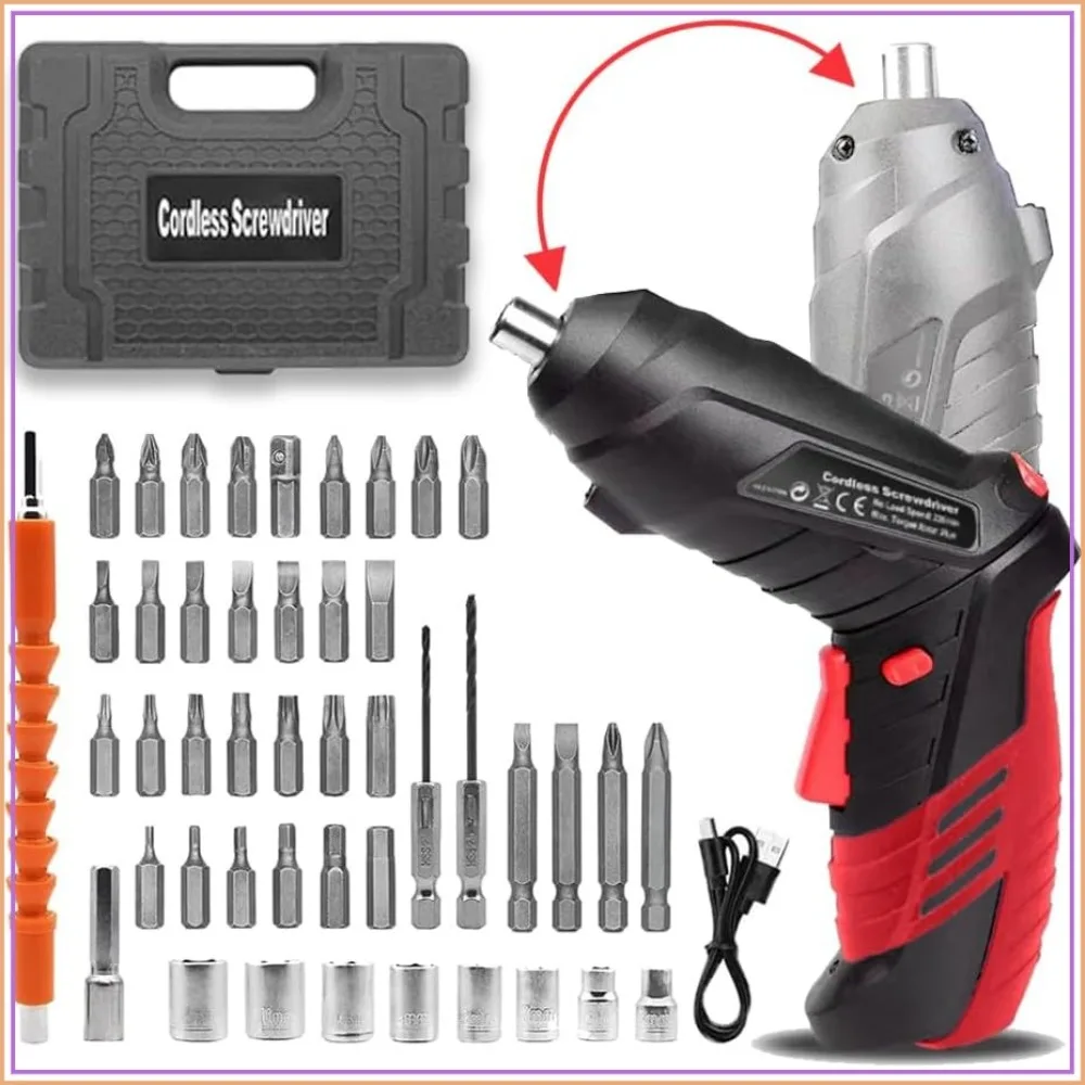 Cordless Electric Screwdriver Set, 3.6V Rechargeable with 46 Bits, Pivoting Handle & LED Light, Red
Cordless Electric Screwdriver Set, 3.6V Rechargeable with 46 Bits, Pivoting Handle & LED Light, Red