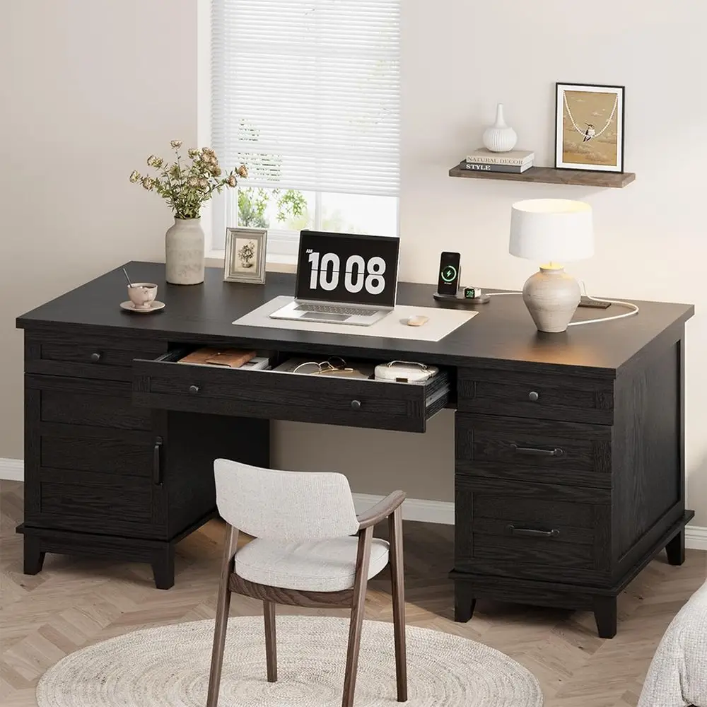 60 Classic Home Office Desk with Power Outlets, Wooden Executive Desk with File Cabinet, Black for Study, Writing
60 Classic Home Office Desk with Power Outlets, Wooden Executive Desk with File Cabinet, Black for Study, Writing