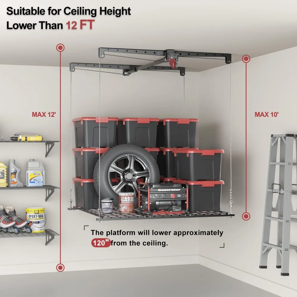 Overhead Garage Storage Rack for 8-10 FT Ceiling, 4x4 FT Platform with Safety Lock, Lift System, 250lbs Capacity
Overhead Garage Storage Rack for 8-10 FT Ceiling, 4x4 FT Platform with Safety Lock, Lift System, 250lbs Capacity