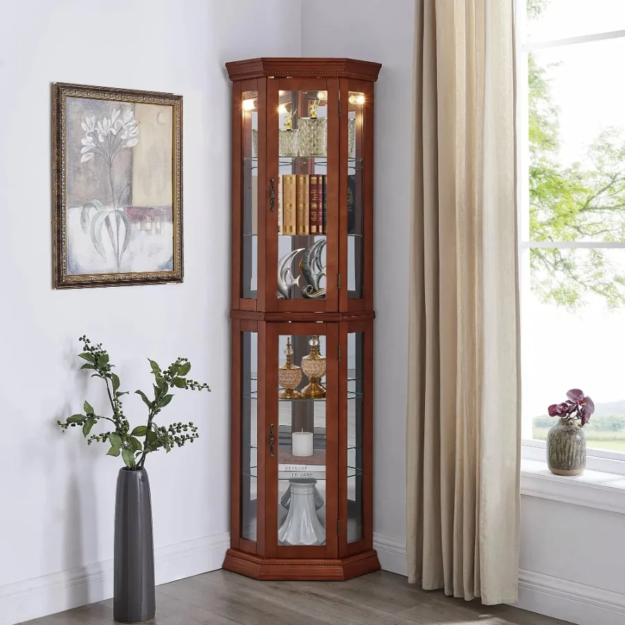 Corner Curio Cabinet with Lights Adjustable Tempered Glass Shelves Mirrored Back Display Cabinet Walnut E26 light bulb not incl
Corner Curio Cabinet with Lights Adjustable Tempered Glass Shelves Mirrored Back Display Cabinet Walnut E26 light bulb not incl