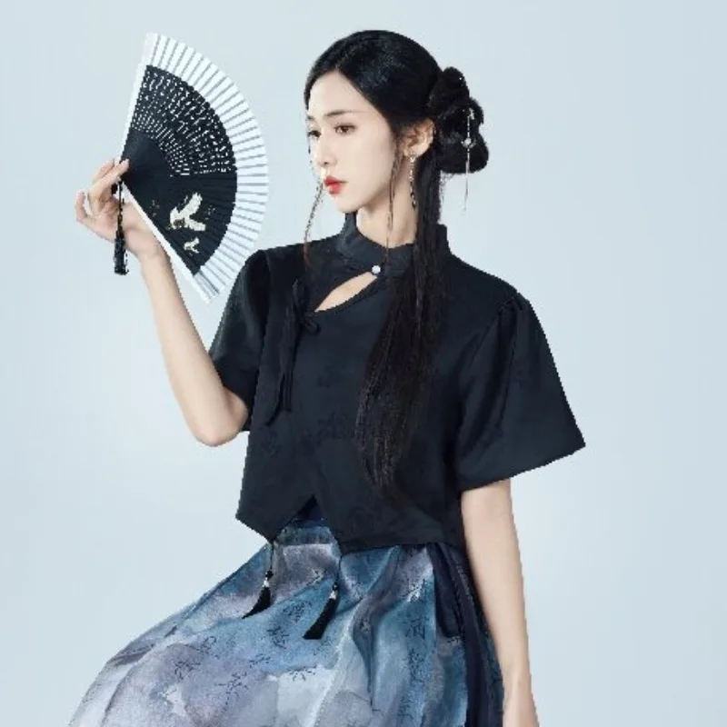New Chinese Style Short Sleeve Slimming Versatile Black Top with Printed Gradient Half Skirt Matching Cold Wind Skirt
New Chinese Style Short Sleeve Slimming Versatile Black Top with Printed Gradient Half Skirt Matching Cold Wind Skirt