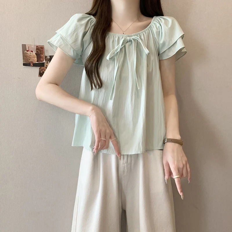 Korean Bowknot Short Sleeve Shirt Women Summer Loose Off Shoulder Blouse Woman 2025 All Match Solid Color Chic Shirt Female
Korean Bowknot Short Sleeve Shirt Women Summer Loose Off Shoulder Blouse Woman 2025 All Match Solid Color Chic Shirt Female