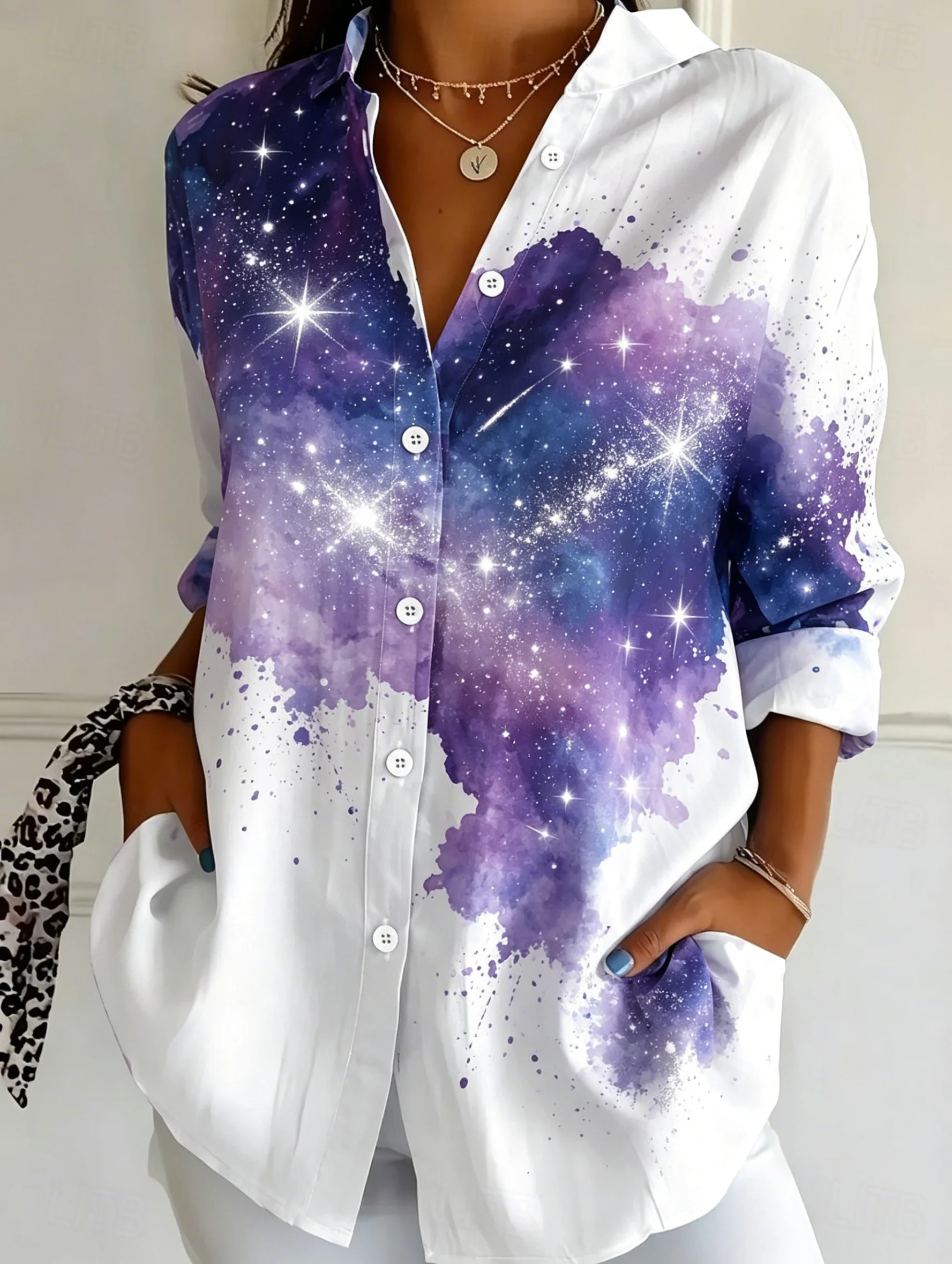 Women's Lapel Long Sleeve Galaxy Print Button-Up Shirt, Casual Stylish Regular Tops for Spring Summer Daily & Party Wear
Women's Lapel Long Sleeve Galaxy Print Button-Up Shirt, Casual Stylish Regular Tops for Spring Summer Daily & Party Wear