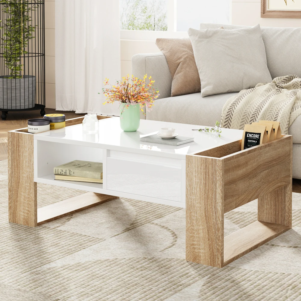 High Glossy Coffee Table with 2 Drawers, Practical Two Tone Center Table with Hidden Compartments,Table with Open Storage Shelf
High Glossy Coffee Table with 2 Drawers, Practical Two Tone Center Table with Hidden Compartments,Table with Open Storage Shelf