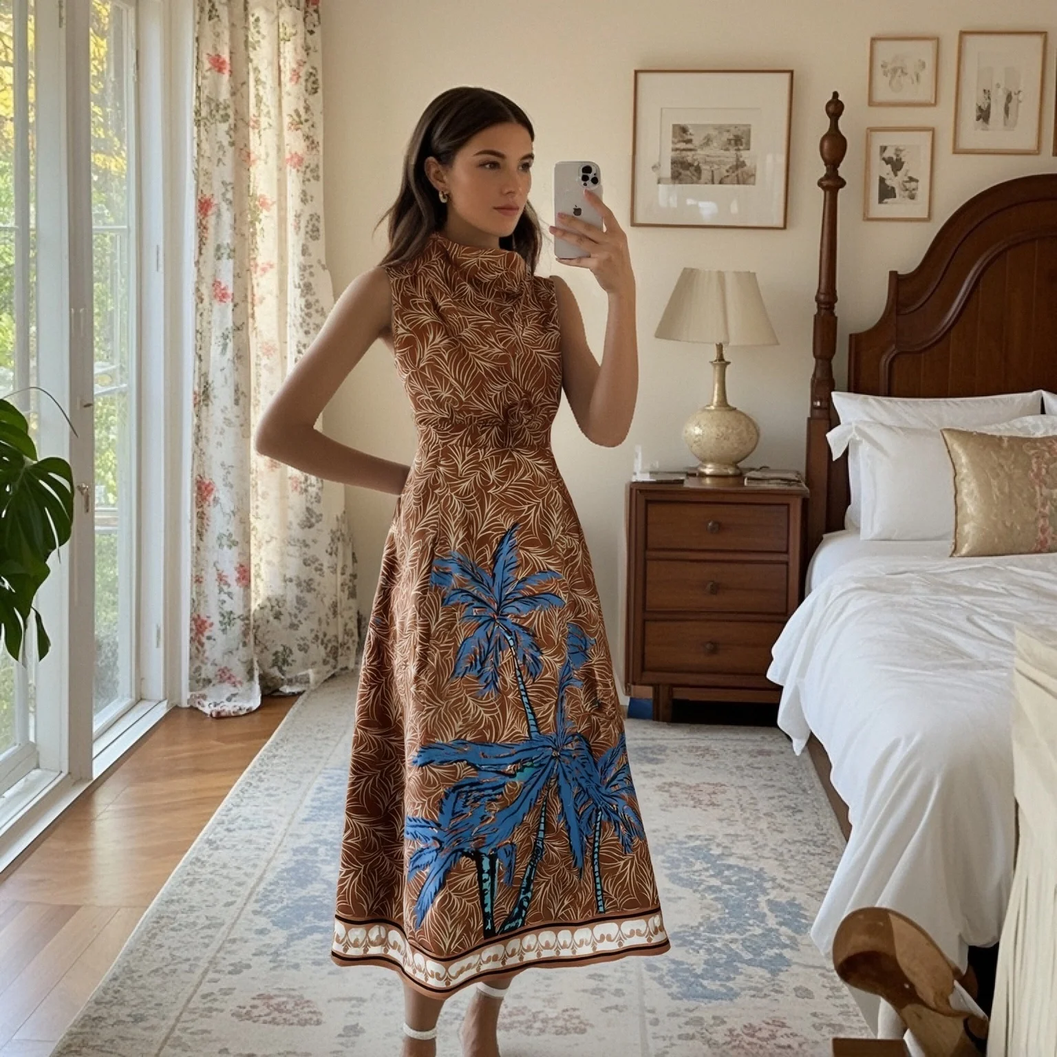 Ladies Sleeveless Halter Neck Midi Dress with Palm Tree and Leaf Print for Spring Summer 2025 Beach and Casual Wear
Ladies Sleeveless Halter Neck Midi Dress with Palm Tree and Leaf Print for Spring Summer 2025 Beach and Casual Wear