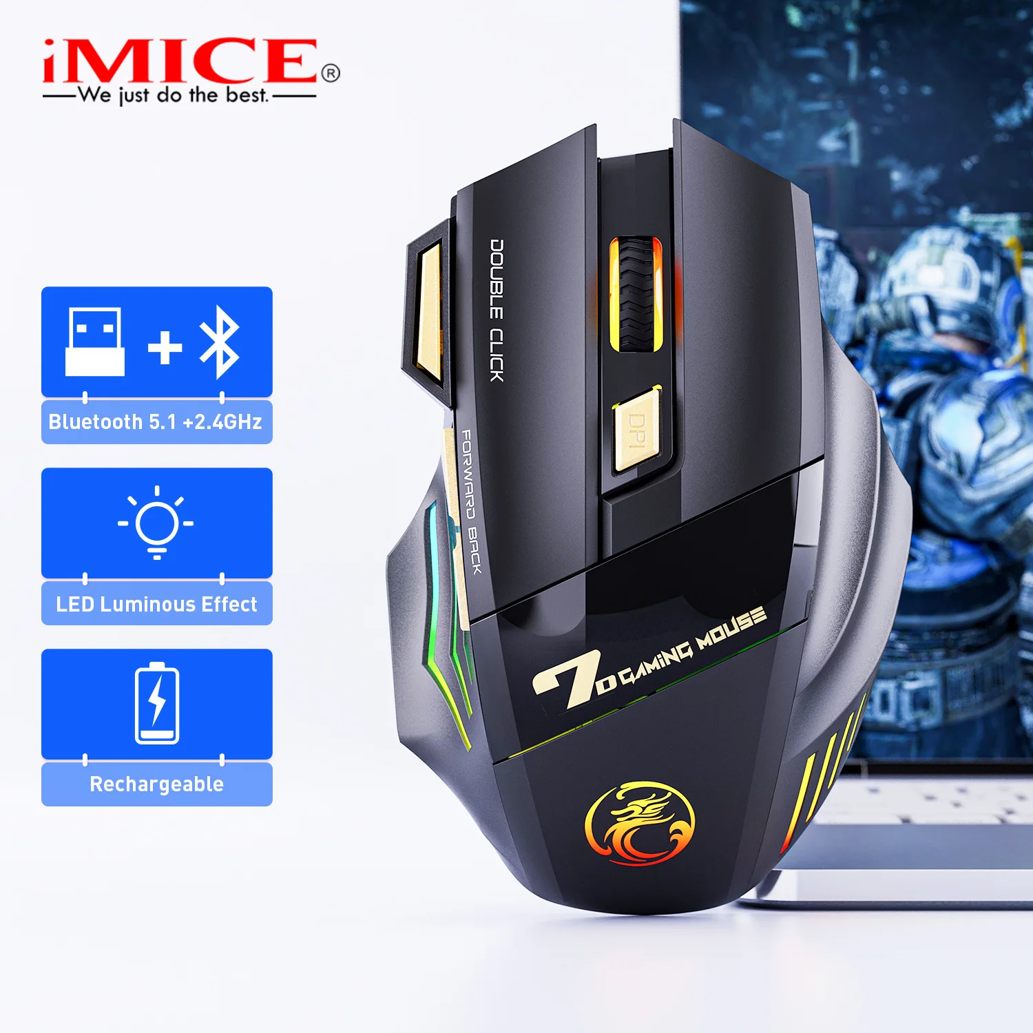 7-key 2.4G Bluetooth silent rechargeable colorful breathing light without double clicking Wireless gaming mouse
7-key 2.4G Bluetooth silent rechargeable colorful breathing light without double clicking Wireless gaming mouse