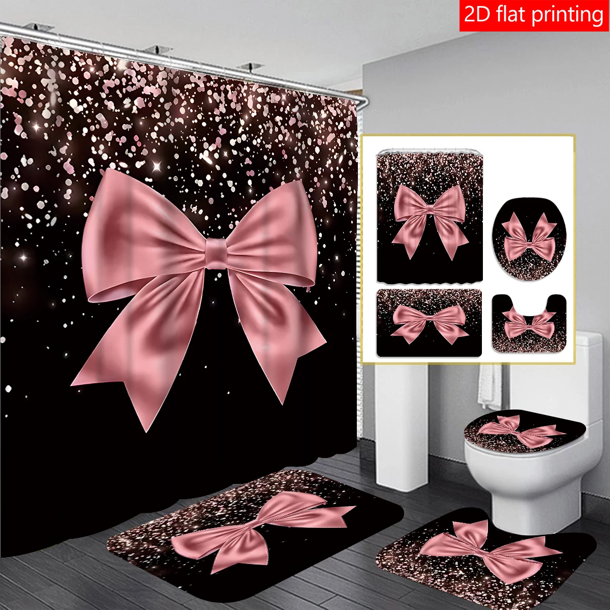 4pcs Black and Pink Large Bow Pattern Printed Shower Curtain Set, Wet & Dry Bathroom 4-Piece Set, Home Decor Shower Curtain with
4pcs Black and Pink Large Bow Pattern Printed Shower Curtain Set, Wet & Dry Bathroom 4-Piece Set, Home Decor Shower Curtain with
