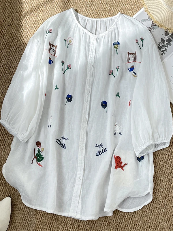 Heavy Embroidery Linen Shirt Loose Thin round Neck Five Sleeve Women's Top Comfortable Breathable Summer Fashion Casual Wear
Heavy Embroidery Linen Shirt Loose Thin round Neck Five Sleeve Women's Top Comfortable Breathable Summer Fashion Casual Wear