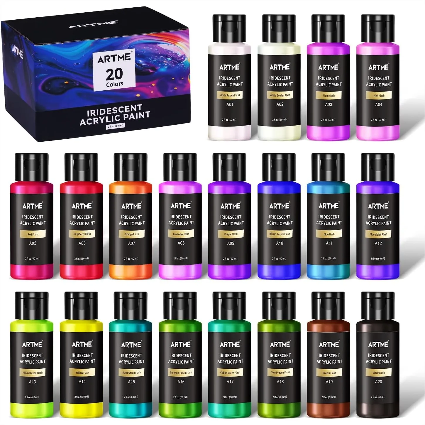 Iridescent Acrylic Paint Set 20 Chameleon Colors 2 Oz 60ml Bottles Color Shifting Paint For Canvas Rocks Wood Fabric Ceramic
Iridescent Acrylic Paint Set 20 Chameleon Colors 2 Oz 60ml Bottles Color Shifting Paint For Canvas Rocks Wood Fabric Ceramic