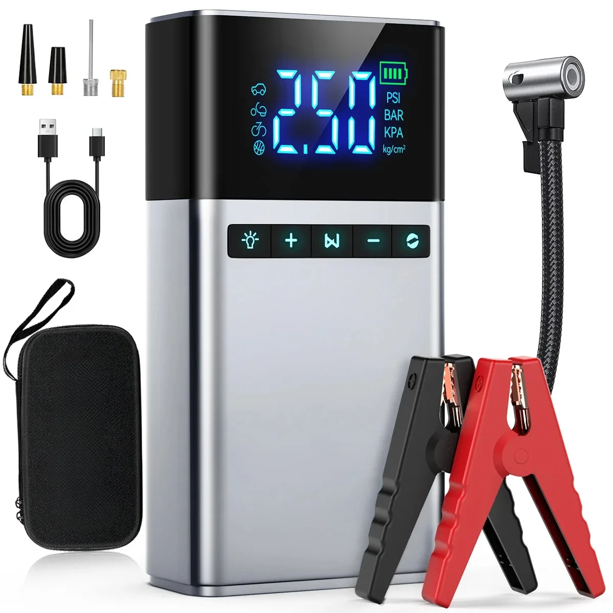 Car Jump Starter Air Pump 4 in 1 Portable Air Compressor Battery Booster With Power Bank LED Light EVA Bag For 12V Cars
Car Jump Starter Air Pump 4 in 1 Portable Air Compressor Battery Booster With Power Bank LED Light EVA Bag For 12V Cars