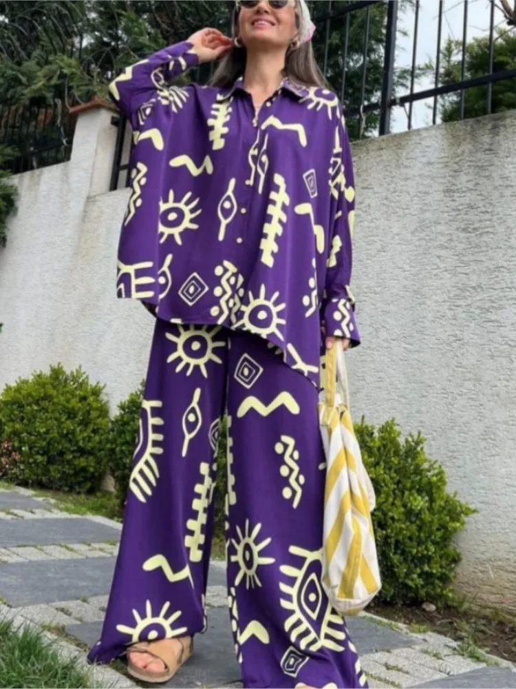 Women Two Piece Sets Printed Blouse Shirt Single Breasted Wide Leg Pants Lace Up Full Length Loose Fit Suit Casual Female Outfit
Women Two Piece Sets Printed Blouse Shirt Single Breasted Wide Leg Pants Lace Up Full Length Loose Fit Suit Casual Female Outfit