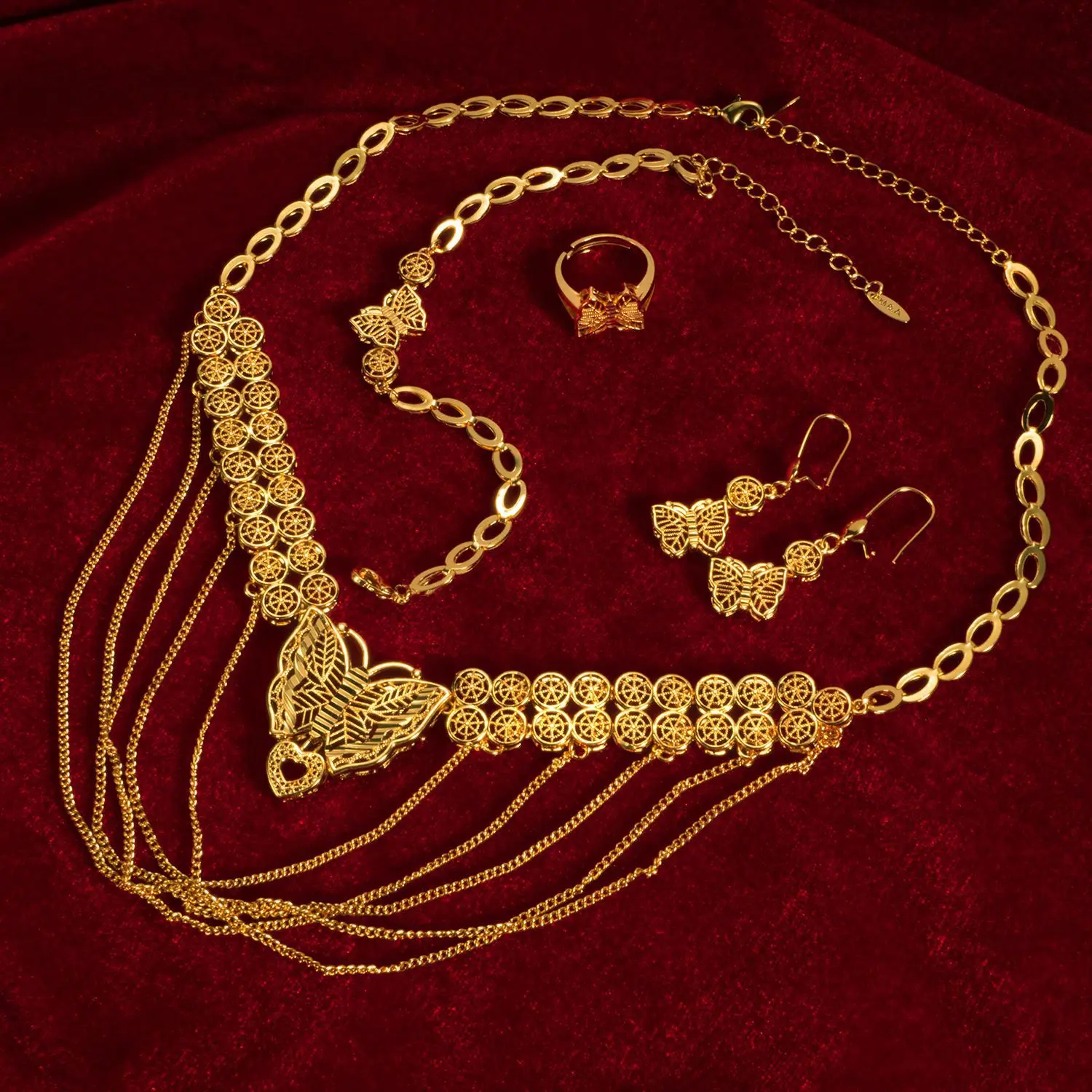 9999 gold women's butterfly jewelry set - Middle Eastern bride necklace, earrings, ring, bracelet (four pieces)
9999 gold women's butterfly jewelry set - Middle Eastern bride necklace, earrings, ring, bracelet (four pieces)