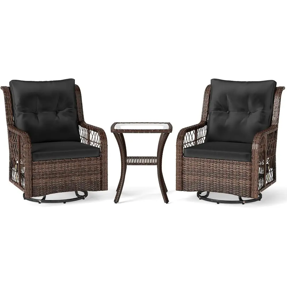 3-Piece Black Outdoor Swivel Rocking Chair Set with Cushions and Tempered Glass Table for Patio, Balcony, or Poolside
3-Piece Black Outdoor Swivel Rocking Chair Set with Cushions and Tempered Glass Table for Patio, Balcony, or Poolside