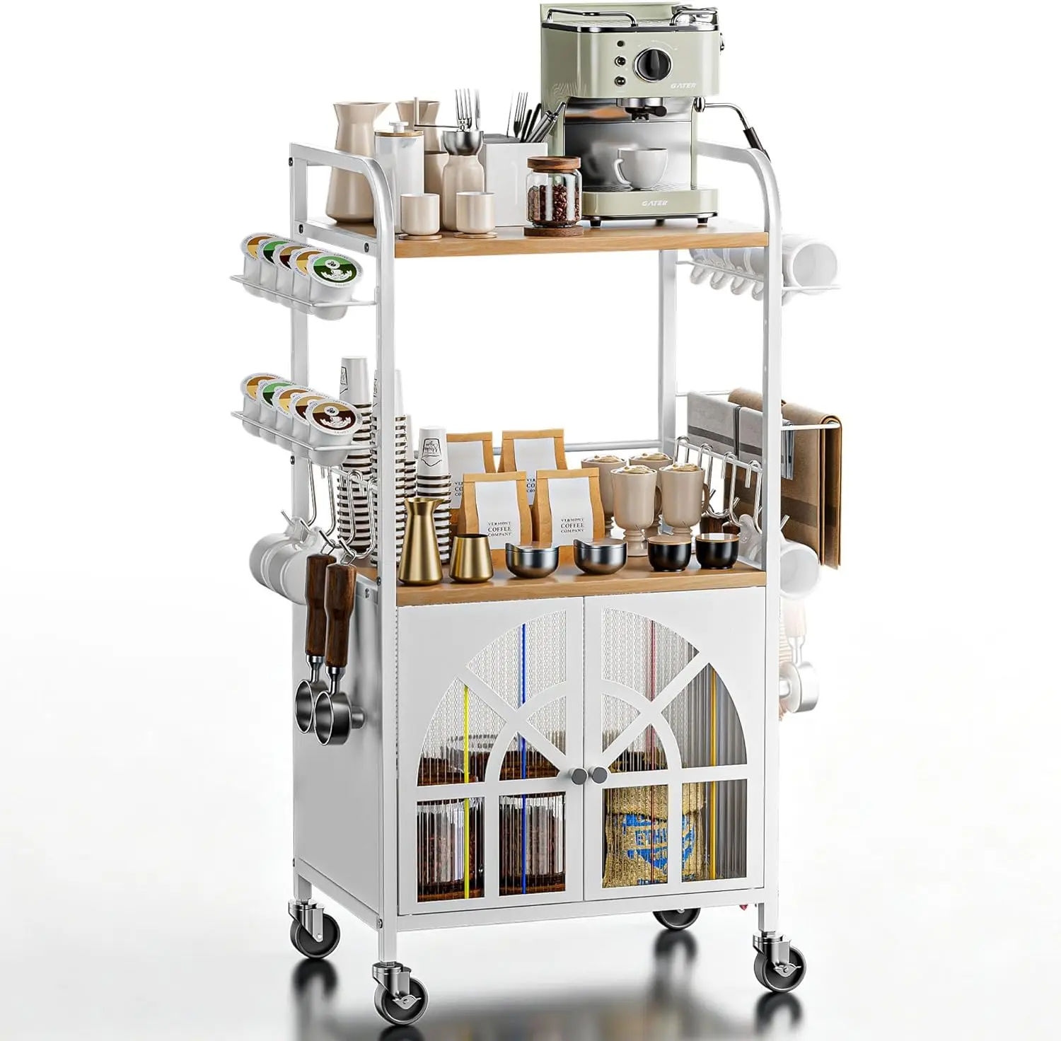 Small Rolling Coffee Bar Cart with 3 Tiers, 16.9 x 12-Inch Kitchen Station Featuring Storage
Small Rolling Coffee Bar Cart with 3 Tiers, 16.9 x 12-Inch Kitchen Station Featuring Storage