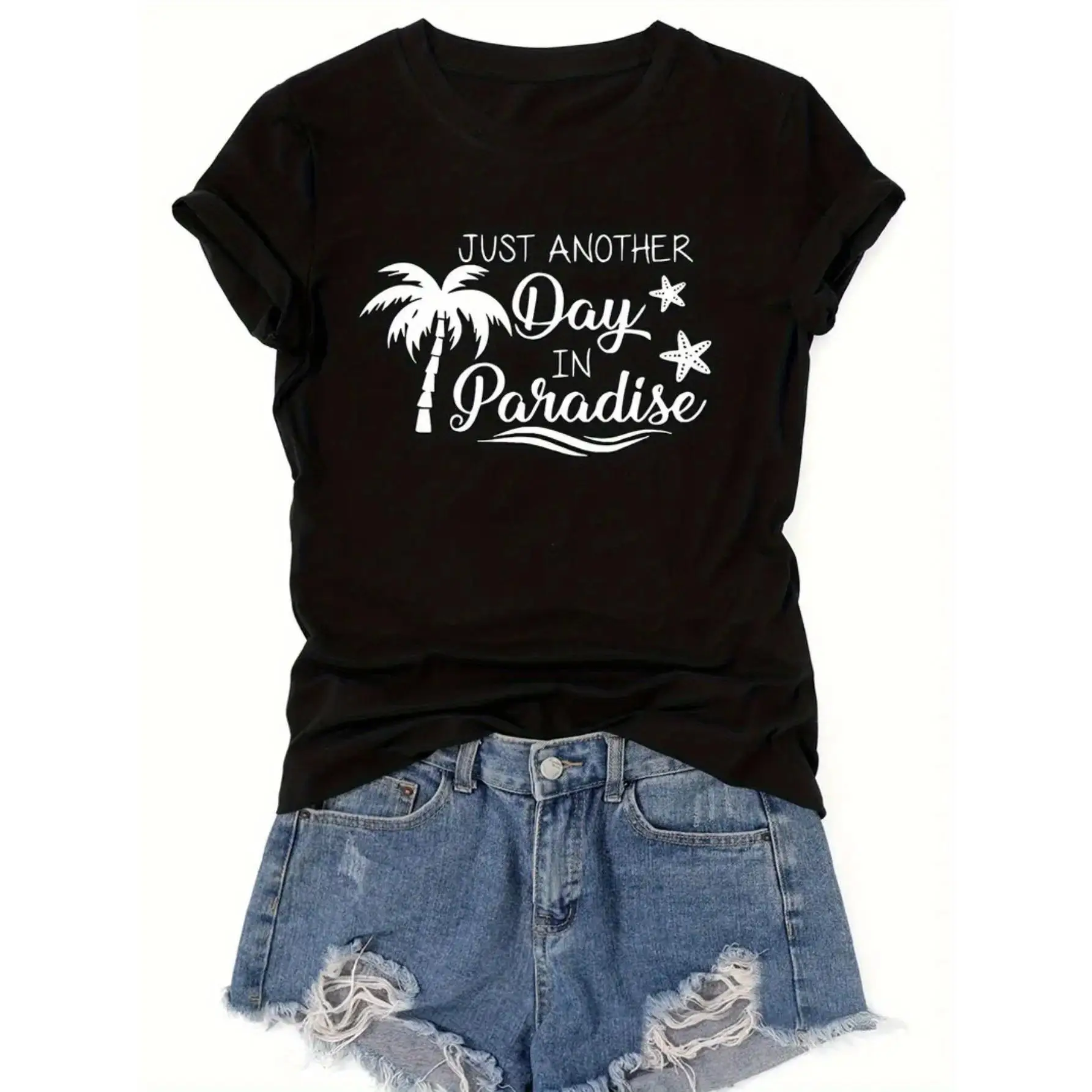Women's "Another Day in Paradise" Coconut Tree Graphic Tee - 100%, Round Neck, Short Sleeve, Black with White Print, Casual
Women's "Another Day in Paradise" Coconut Tree Graphic Tee - 100%, Round Neck, Short Sleeve, Black with White Print, Casual