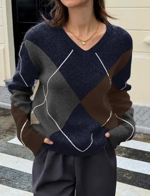 2025 Autumn and Winter Fashion Splicing V-Neck Contrasting Long Sleeved Sweater for Women's Casual Simple Classic Sweater
2025 Autumn and Winter Fashion Splicing V-Neck Contrasting Long Sleeved Sweater for Women's Casual Simple Classic Sweater