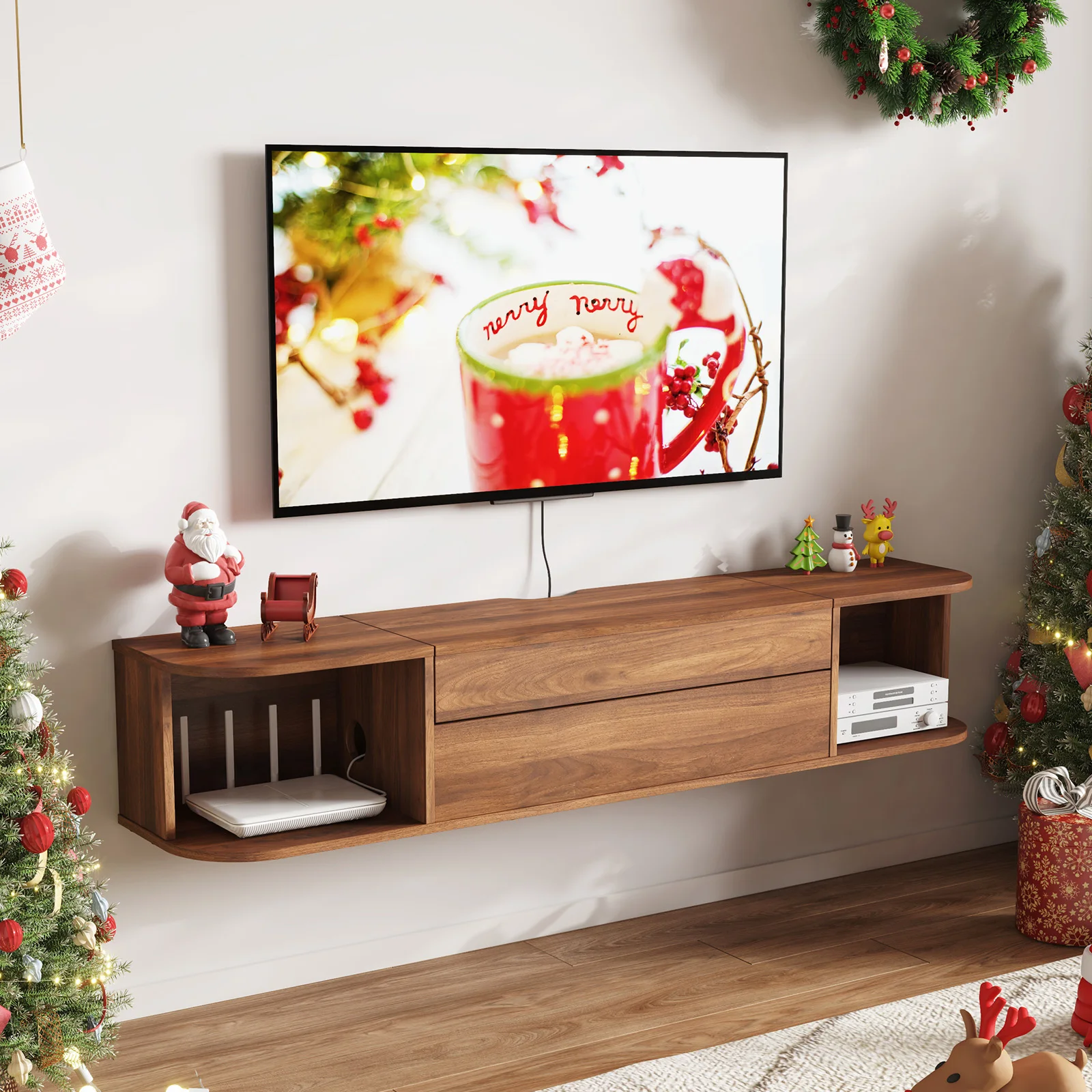 Floating TV Stand for up to 50" TV, Wall Mounted Entertainment Center with Power Outlets and USB Ports, Large Storage Space
Floating TV Stand for up to 50" TV, Wall Mounted Entertainment Center with Power Outlets and USB Ports, Large Storage Space