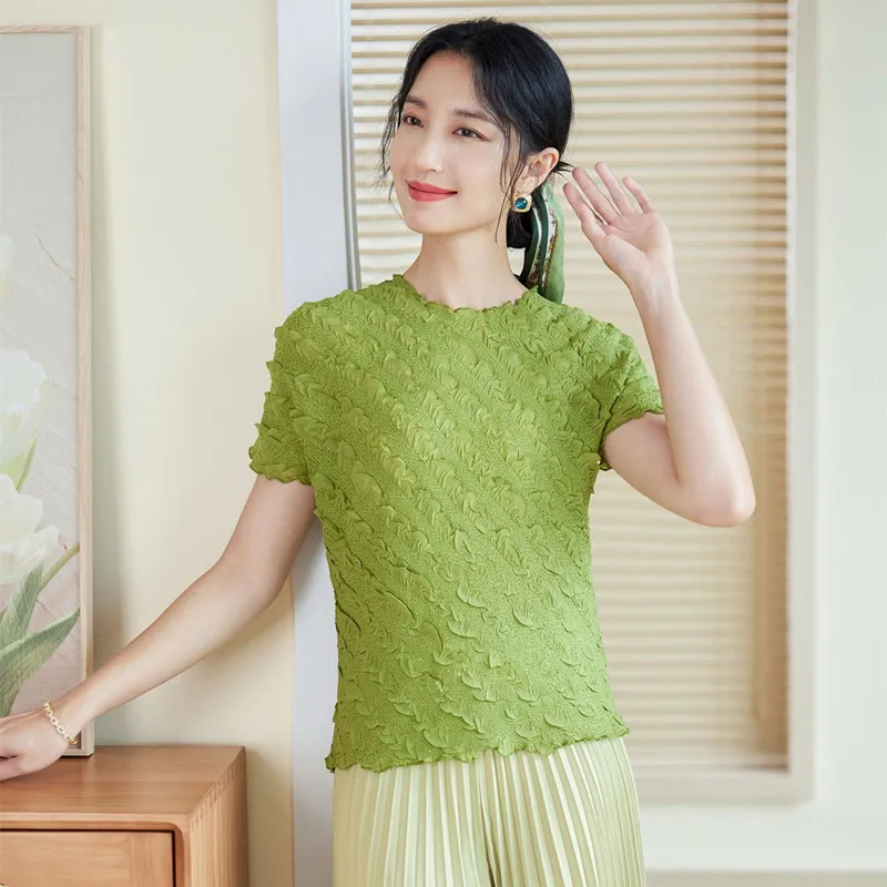 Top For Women Short Sleeved Summer New Round Neck Fashion Stretch Slimming Miyake Pleated Tee T Shirt Female
Top For Women Short Sleeved Summer New Round Neck Fashion Stretch Slimming Miyake Pleated Tee T Shirt Female