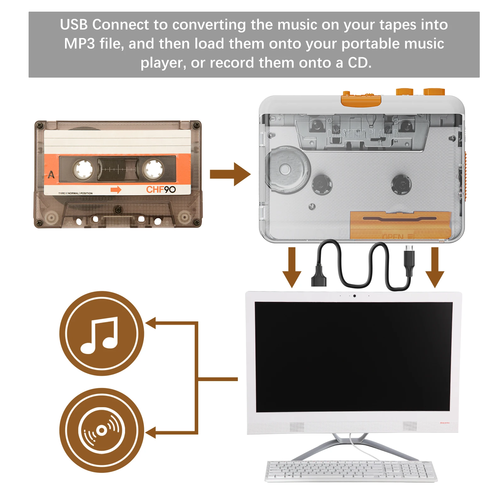 Portable Tape Player USB Cassettes Recorder Cassette to MP3 / CD Converter via USB Compatible with Laptops and Personal Computer
Portable Tape Player USB Cassettes Recorder Cassette to MP3 / CD Converter via USB Compatible with Laptops and Personal Computer