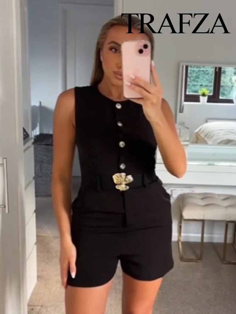 TRAFZA Female Summer High Street Chic Sleeveless Black Jumpsuits O-Neck Buttons Zipper Women's Fashion Belt Decoration Jumpsuits
TRAFZA Female Summer High Street Chic Sleeveless Black Jumpsuits O-Neck Buttons Zipper Women's Fashion Belt Decoration Jumpsuits