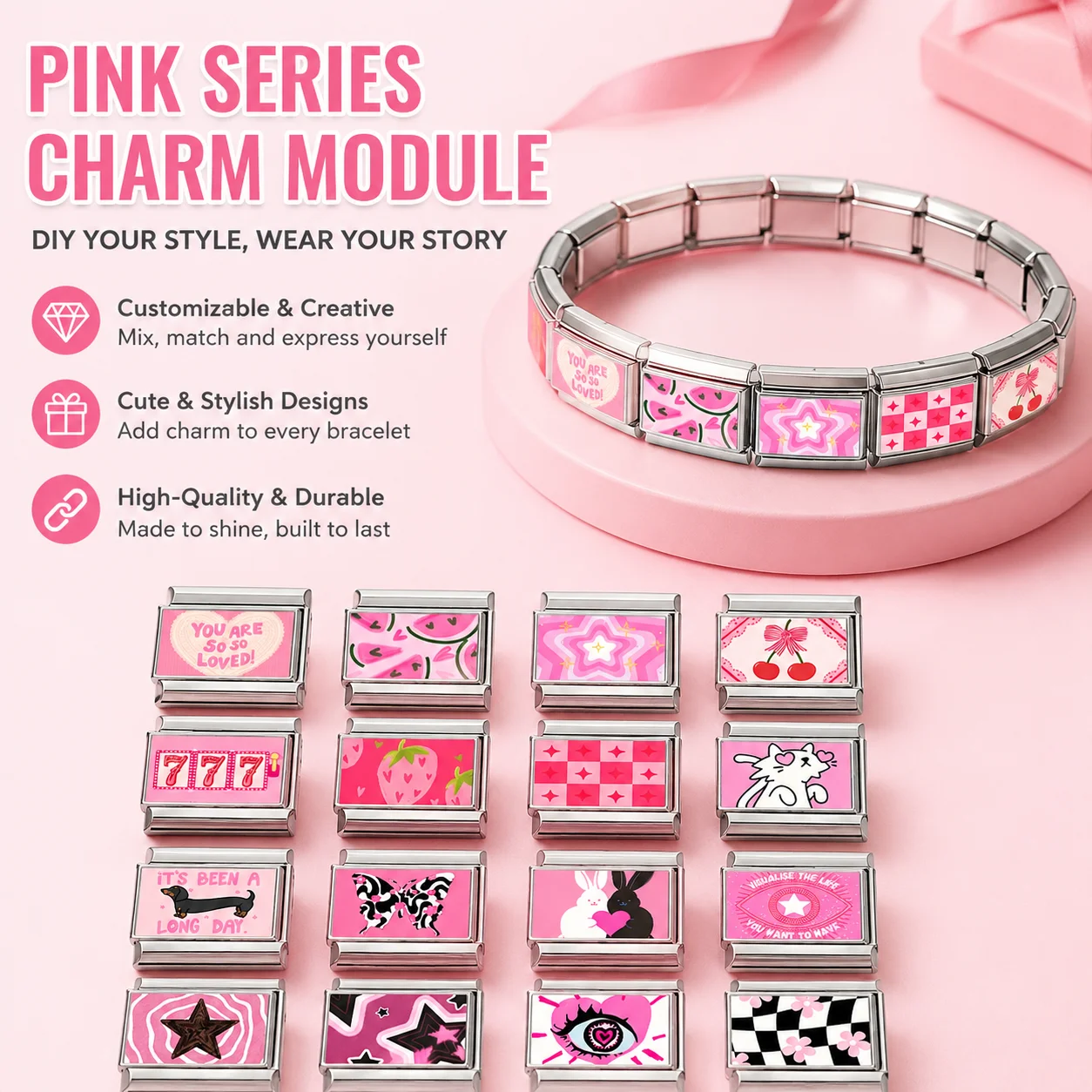 Pink Series Multi-functional DIY Cute Cartoon Charm Module Creative Italian Style Assembled Jewelry Accessories Bracelet,
Pink Series Multi-functional DIY Cute Cartoon Charm Module Creative Italian Style Assembled Jewelry Accessories Bracelet,