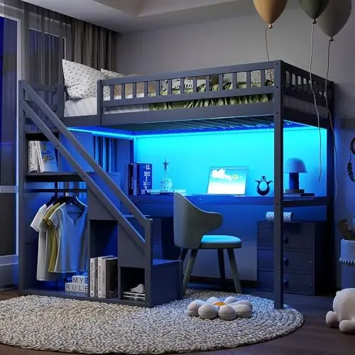 Twin Loft Bed with L-Shaped Desk and Storage Stairs &LED Lights, Solid Wood High Loft Bed with Stairs and Storage
Twin Loft Bed with L-Shaped Desk and Storage Stairs &LED Lights, Solid Wood High Loft Bed with Stairs and Storage