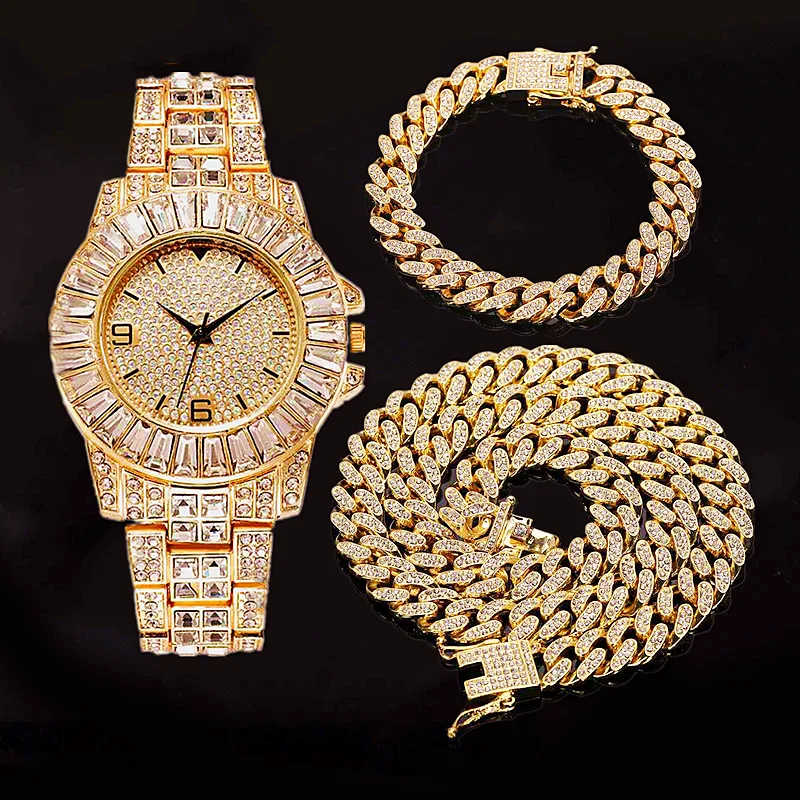 Hip Hop Rapper Iced Out Watch for Men Iced Out Paved Rhinestones Miami Curb Cuban Chain CZ Bling Necklaces for Mens Jewelry Sets
Hip Hop Rapper Iced Out Watch for Men Iced Out Paved Rhinestones Miami Curb Cuban Chain CZ Bling Necklaces for Mens Jewelry Sets