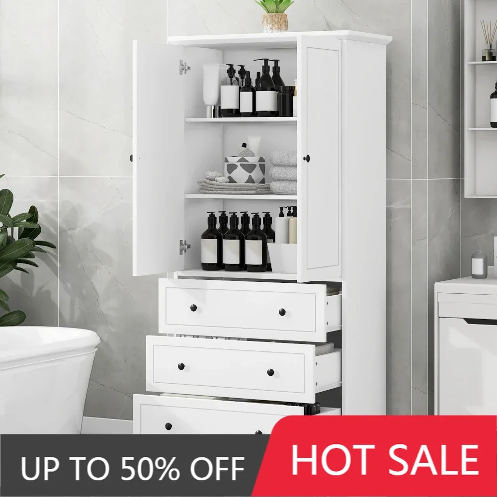 Storage Cabinet with Doors & 3 Drawers, Adjustable Shelves, Tall Linen Tower,Modern Freestanding Organizer for Living Room,White
Storage Cabinet with Doors & 3 Drawers, Adjustable Shelves, Tall Linen Tower,Modern Freestanding Organizer for Living Room,White