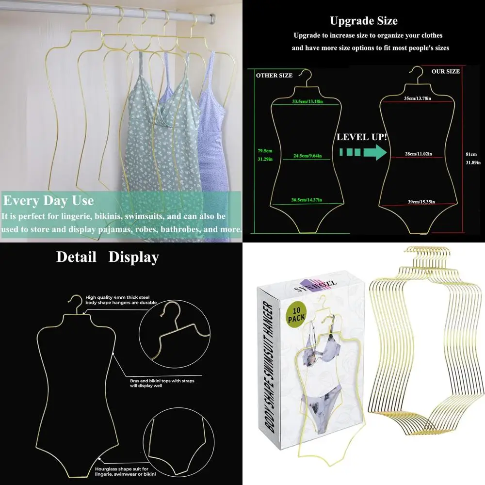 Золотые металлические вешалки для купальника — большая проволочная форма тела, упаковка из 10 штук для хранения бикини, нижнего белья и одежды
Золотые металлические вешалки для купальника — большая проволочная форма тела, упаковка из 10 штук для хранения бикини, нижнего белья и одежды
