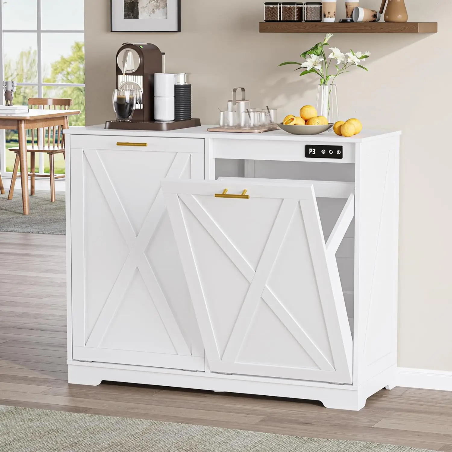 Double Tilt Out Trash Can Cabinet, Wooden Farmhouse Kitchen Garbage Bin Enclosure with Negative Ion Odor Control, Hidden Dog
Double Tilt Out Trash Can Cabinet, Wooden Farmhouse Kitchen Garbage Bin Enclosure with Negative Ion Odor Control, Hidden Dog