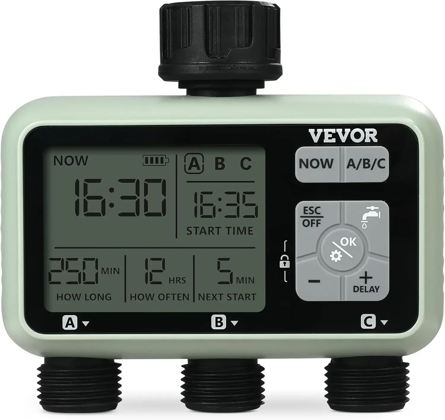 Water Timer, 3 Outlets, Hose Watering Sprinkler Timer, with 3 Independent Watering Zone LCD Display Rain Delay Mode Manual Mode
Water Timer, 3 Outlets, Hose Watering Sprinkler Timer, with 3 Independent Watering Zone LCD Display Rain Delay Mode Manual Mode