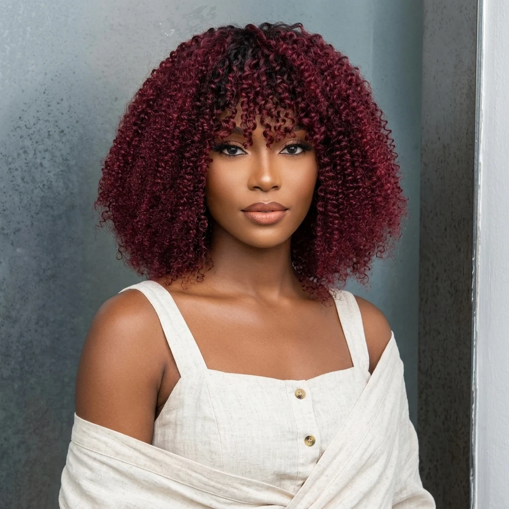 High Density 250 Density Remy Human Hair Ombre Color 1B/99J Kinky Curly Bang Machine Made Afro Curly Kinky Wig
High Density 250 Density Remy Human Hair Ombre Color 1B/99J Kinky Curly Bang Machine Made Afro Curly Kinky Wig