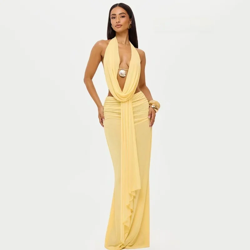 Sexy Hanging Neck Backless Top And Skirt Set Bodycon High Waist Dress Long Sleeveless Vest for Women Autumn Fashion
Sexy Hanging Neck Backless Top And Skirt Set Bodycon High Waist Dress Long Sleeveless Vest for Women Autumn Fashion